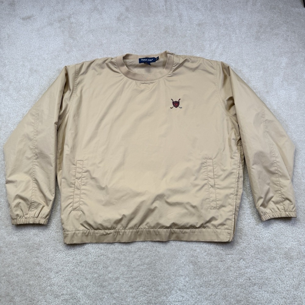 Vintage 90's Ralph Lauren Polo Golf Windbreaker Men's Large Beige Logo Side Zip